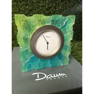 DAUM France Crystal Desk Clock Blue Green Aqua Art Glass MINT In Original Box